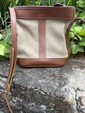 Esprit Tan Brown Crossbody Bag Adjustable Zip Canvas Faux Leather Preppy 90s